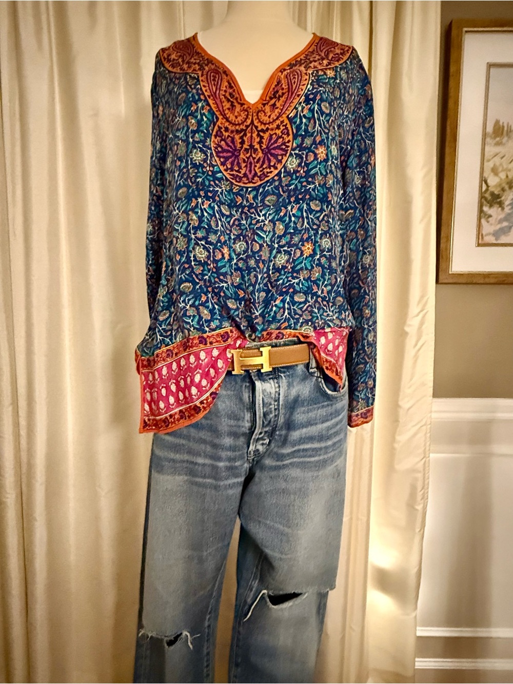 Boho Floral Embroidered Tunic Top in Blue & Pink